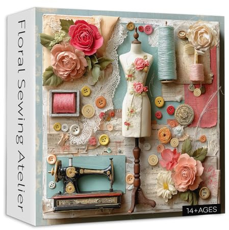 Floral Sewing Atelier Jigsaw Puzzle 1000 Pieces, Vintage Sewing Room Puzzle for Adults 1000 Pieces, Patchwork Quilt Flower Puzzle as Wall Art