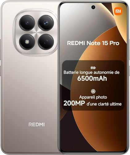 XIAOMI Smartphone Redmi Note 15 Pro NFC, 12 + 512 Go, Couleur Titane, IP65, écran AMOLED, Android 15, processeur Mediatek Helio G200 Ultra, Appareil Photo 200 MP, 6,77 Pouces, 45W, avec Chargeur
