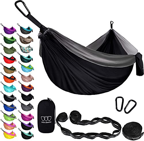 Gold Armour Camping Hängematte - Extra große Doppel Fallschirm Hängematte (2 Baumgurte 32 Schlaufen, 29 Farben/Muster) Leichte Nylon Erwachsene Kinder, (Schwarz und Grau)