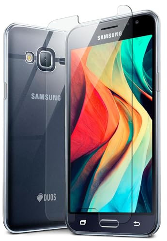 moex Handyhülle für Samsung Galaxy J3 (2016) Hülle, Silikon Case mit Schutzfolie, 360 Grad Cover Stoßfest, Vergilbungsfreie Schutzhülle - Transparent