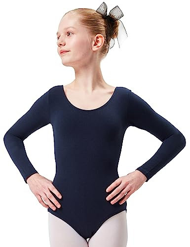 tanzmuster ® Ballettanzug Mädchen Langarm - Lilly - aus Baumwolle, Ballettbody Kinder Ballett Trikot in marineblau, Größe 164/170