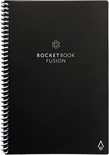 Rocketbook Fusion Wiederverwendbares Notizbuch - Schwarz, Executive A5, 7 Seitenvorlagen mit Kalender, To-Do Liste, Punktraster und Linierte Seiten, Inklusive FriXion Stift und Mikrofasertuch