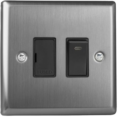 Varilight Switched Fused Spur with Neon - Classic Brushed Steel with Black Insert, XT6NB