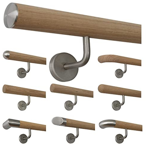 TIBU Holz Handlauf Eiche unbehandelt Geländer Wandhandlauf Treppe Wand 30-500cm mit gewinkelten Edelstahl Halter, Länge: 800 mm mit 2 Halter - Enden: leicht gewölbte Edelstahlkappe