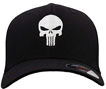 Café Viereck ® Unisex Cap Wooly Combed – Gestickt mit Punisher Zeichen – für Männer und Frauen (Schwarzes Cap mit weißem Punisher, S/M)