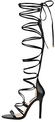 LISHAN Black Strappy Gladiator Knee High Heel Sandals Open Toe Lace Up Zip Heel Sandals Sexy Heels Women Stripper Heels 8 M US