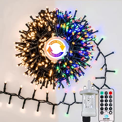 Gresonic Christmas Tree Fairy Lights 750 LED 15m/49.2ft Warm White to Multicolor Indoor, 9 Modes Timer Green Cable Wire String Twinkle, Waterproof Plug in Mains Powered for Garden Fence Decorations