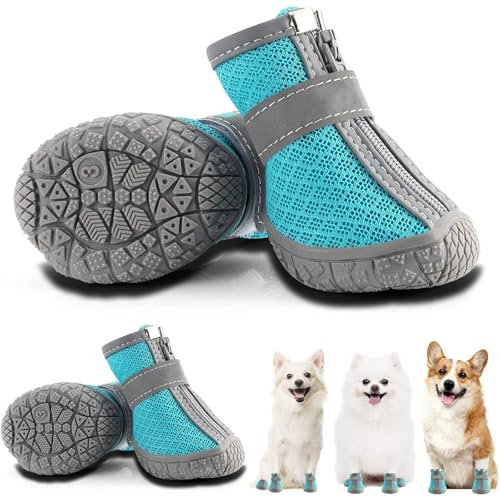 Hcpet Pfotenschutz Hundestiefel, Breathable Hundeschuhe mit Reflektierenden Riemen, Welpenschuhe für Kleine Hunde im Freien, rutschfeste Sohle Hundeschnee Stiefel, 4 Stück