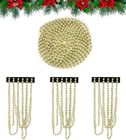 3Pcs Gold Christmas Bead Chain Garlands, 2.7M Luxury Shatterproof Decoration for Xmas Tree Hanging Ornaments, Festive Décor, Party Decor and Home Decorations
