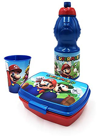 ICE TOYS Set pour le goûter pour enfants, en plastique, bouteille de 400 ml, 1 gobelet, 1 boîte (Super Mario)
