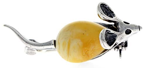 SilverAmber Jewellery Brosche Maus Sterling-Silber 925 Baltischer Zitronen-Bernstein 4107W