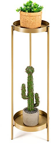 COSTWAY 2-stöckiger Pflanzenständer Metall, Blumenständer mit Ablage, Blumentopfständer bis 15 kg belastbar, Blumentopfhalter für drinnen und draußen, 25 x 80 cm, Gold