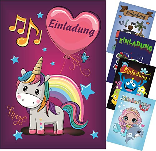CMC imports 6 er Set Kinder Geburtstag Einladungskarten für Jungen & Mädchen verschiedene Motive Einladung Kindergeburtstag!(Einhorn)