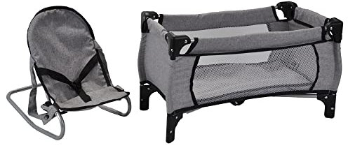 Bandits & Angels Puppenbett und Wippe Grey Angel – Grau Puppenmöbel – Stuhl mit Sicherheitsgurten und Griffen – Klappbett inklusive Aufbewahrungstasche – für Mädchen