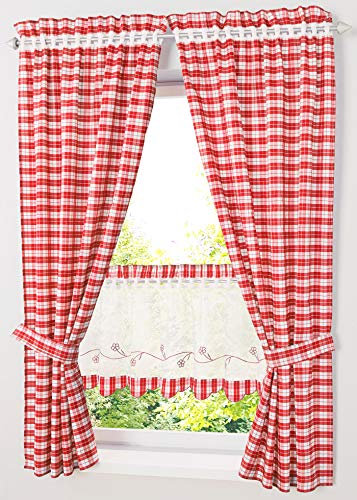 Devola Landhausstil Karierte Gardine Halbtransparente Fensterschal mit Raffhalter Home Deco Fenstergardinen Cafe Vorhang Tür Vorhang BxH 80x120cm Rot 2 Stück