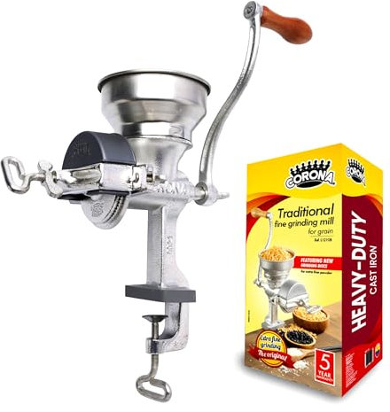 Corona Corn Grinder with Low Hopper, Grain Mill, Manual Grinder For Corn, Rice, Soybeans, Pepper, Chickpeas, Cast Iron Wheat Grinder For Domestic Use