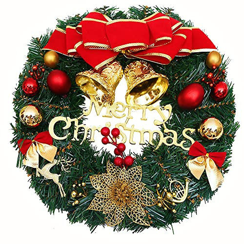 Corona de Navidad 30CM, Puerta, Agujas de Abeto Artificiales, Decoración navideña para Puerta de Casa, Bowknot Jingle en la Puert Colgante de Navidad Fiesta Regalo Ventana Exterior