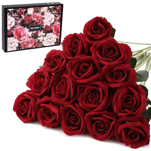 Cloudecor 15 rose artificiali in velluto, realistiche al tatto, stelo singolo, fiori finti in seta, fiori realistici, bouquet da sposa, decorazione per casa, ufficio, giardino, matrimoni (rosso scuro,