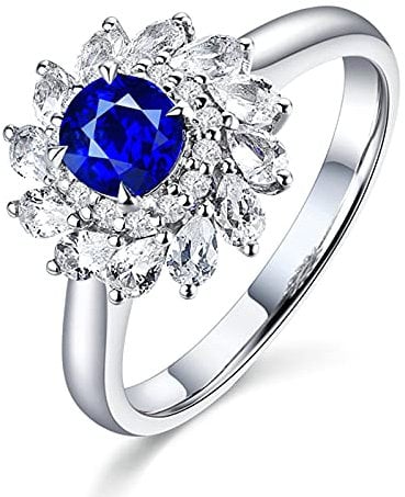 Bishilin Verlobung Ring Weißgold 750, Ringe Damen Blume mit 0.67ct Saphir Hochzeitsringe Trauringe mit Diamant Größe 47 (15.0)