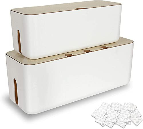 SENENQU 2er-Set Kabelbox Weiß, Große Kabel Organizer Box mit Holzdeckel für Kabel, Große und Kleine Kabelmanagement Box Adapter, Steckerleisten, Kabel Verstecken Box mit 20 Doppelseitige Aufkleber