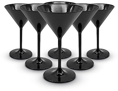 DOJA Barcelona Martini Plastic Cups | Black, Reusable Hard Polycarbonate Stemmed Martini Cups | 9.13 oz, Pack of 6