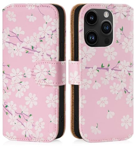 32nd Floral Series 3.0 - Design PU Leather Book Wallet Case Cover for Apple iPhone 15 Pro Max (6.7), Flip Case With RFID Blocking Card Slots, Magnetic Closure and Built In Stand - Cherry Blossom