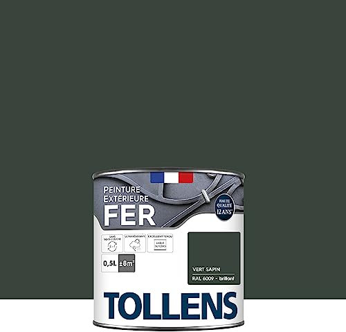 Tollens - Peinture extérieure fer 2 en 1 - Ultra Résistante - Protection antirouille - Laque Riche en Résine - Sans Sous-Couche - Entretien Facile - Satin - Vert Sapin - 0,5L = 8m2