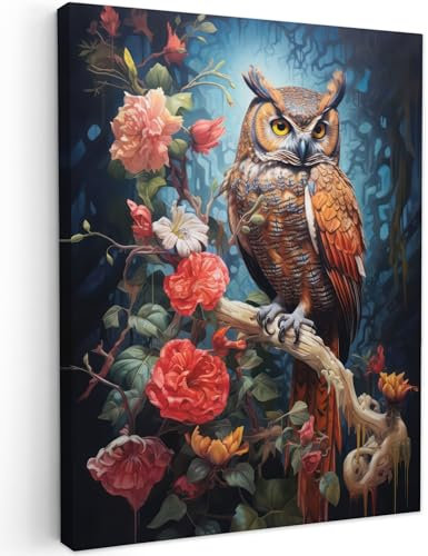 MuchoWow© Leinwand Bilder 30x40 cm Wanddeko Wohnzimmer Aesthetic Room Decor Deko Zimmer Wandbilder Modern Fotogeschenke Eule - Blumen - Vögel - Rosa