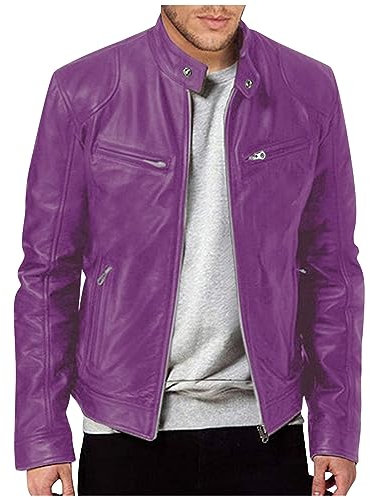 ZHENDEGL Giacca da uomo in ecopelle con colletto alto, parte superiore di transizione, casual, da motociclista, con chiusura lampo, casual, classica, in pelle, 01-viola, L
