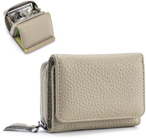 ZhaoCo Kleine Geldbörse Damen mit Münzfach & RFID-Schutz, Echtes Leder Mini Portemonnaie Geldbeutel Kreditkartenetui für Frauen Mädchen - Grau