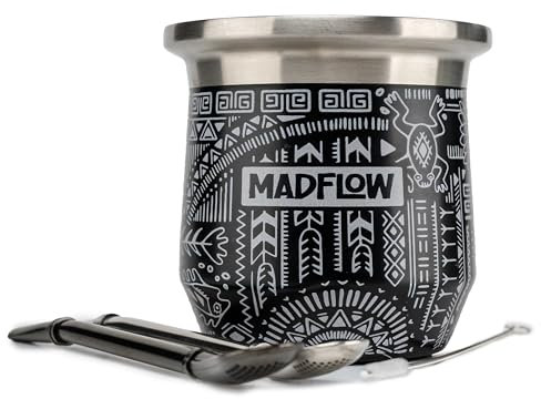MADFLOW Calebasse Maté - Tasse Inox et 2 Bombillas Maté, Tasse Double Paroi Isolée, Kit Maté Original avec Tasse Maté et Bombilla Maté pour une Dégustation Traditionnelle