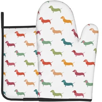 Ofenhandschuhe mit niedlichem Dackel-Motiv, hitzebeständig, bedruckt, Baumwolle, rutschfeste Ofenhandschuhe und Topflappen zum Kochen