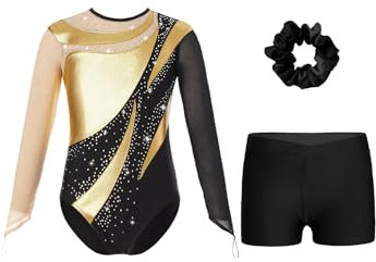 Alvivi Mädchen Turnanzug Glitzer Gymnastikanzug mit Kurze Hose Haarband Langarm Ballettanzug Turntrikot Gymnastik Kleidung Wettbewerb Tanzkostüm Gold 122-128