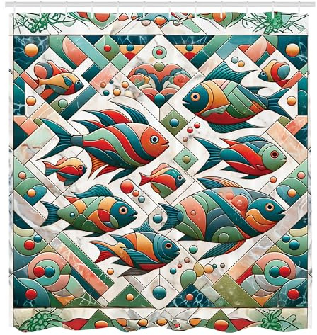 ABAKUHAUS Fisch Duschvorhang, Klassischer Mosaik Look Marine Motive mit Blasenpunkten Mid Century Geometrie, Stoffliches Gewebe Badezimmerdekorationsset mit Haken, 175 x 200 cm, Türkisgrün Zinnober