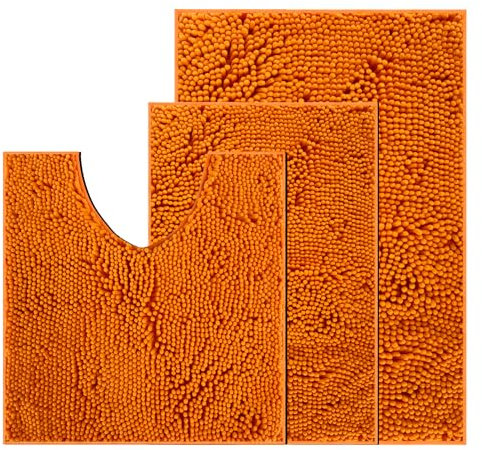 wyewye Chenille Badezimmer Set 3 Stück, Badteppich rutschfest Waschbar, Bequem und Weich Badvorleger Badezimmerteppich für Duschen, Badewannen, Toiletten, Orange Rot