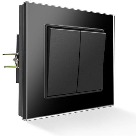 PANGTZEEN Lichtschalter Unterputz mit Kralle 2 Fach 2 Wege Gehärtetem Glas Rahmen 10A 82mm Ein Aus Taste Wand Schalter Schwarz Kein-Neutralleiter für Wohnzimmer Schlafzimmer Küche Büro
