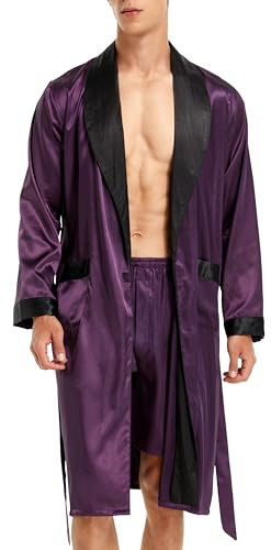 Herren-Bademantel aus leichter Seide, langärmelig, mit Shorts, Spa-Kimono, Nachtwäsche, Violett mit schwarzem Kragen, XXL