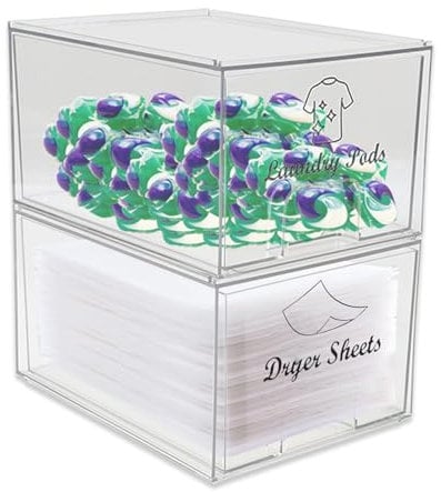 Gzsekken Laundry Pods Storage Container with Lid,2 Pack Laundry Storage Containers for Washing Pods and Dryer Sheet,Clear Laundry Drawer Organiser for Powder, Detergent, Scent Booster Storage