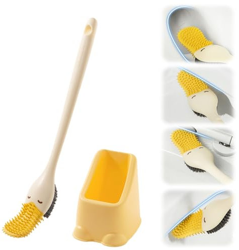 Toilettenbürste, Klobürste Silikon Niedliche Enten Klobürste Silikon mit Flachem und Biegsamem Kopf Klobürste mit Randreiniger Toilettenbürste Klobürste Wandmontage mit Aufbewahrung (Gelb)