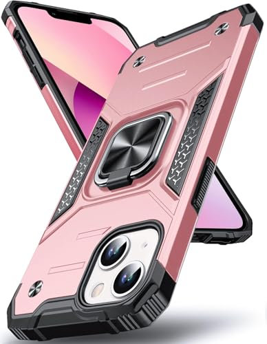 Pritify Armour Case for Iphone 15 Plus with Kickstand & Raised Camera Military Grade Protective Phone Back Case Cover Enhanced Metal Ring supports Magnetic Car Mount Holder | Rosegold