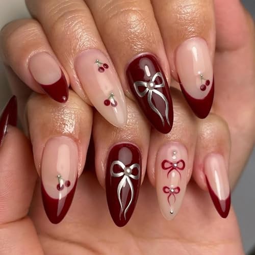 Ceboic 24Pcs French Tip Almond False Nails, Medium Glossy Cherry Red Press on Nails with Bow Design, Removable Full Cover Acrylic Stick on Nails for Women Girls Nail Art Accessories