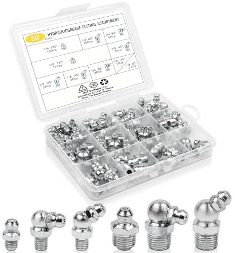 Grease Fittings, SAE and Metric Grease Fitting Kit, 1/4“ 1/8” Straight 45 90 Degree Angle Zerk Grease Nipple, Galvanized Steel Grease Gun Fittings, Replacement for Damaged Grease Nipples(60PCS)