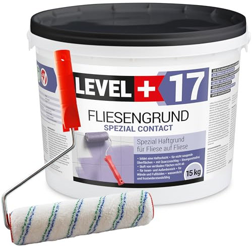 Level Plus 17 Fliesengrund 15 kg Fliese auf Fliese Spezial Haftgrund Fliesengrundierung Quarzgrund für Innen Außen, Haftvermittler Frostbeständig und wasserabweisend Plus Farbroller mit Bügel 25cm Set