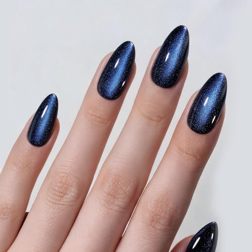 VSALON Faux Ongles à Presser Amande Courts – Bleu Oeil de Chat Chromé, Opaque, Colle & Huile – 32 Pièces 16 Tailles