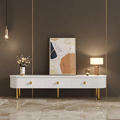 Merax Meuble TV bas avec trois tiroirs, poignées dorées et coins incurvés, meuble bas de 174 cm en blanc brillant