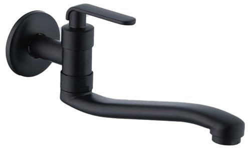 SXWYLZ Rubinetto A Parete Lavatoio Acqua Fredda Rubinetto A Muro Cucina Ottone Rubinetto Lavello Cucina A Muro Lungo Singolo Rubinetto Dell'Acqua Fredda,Nero,16 Cm