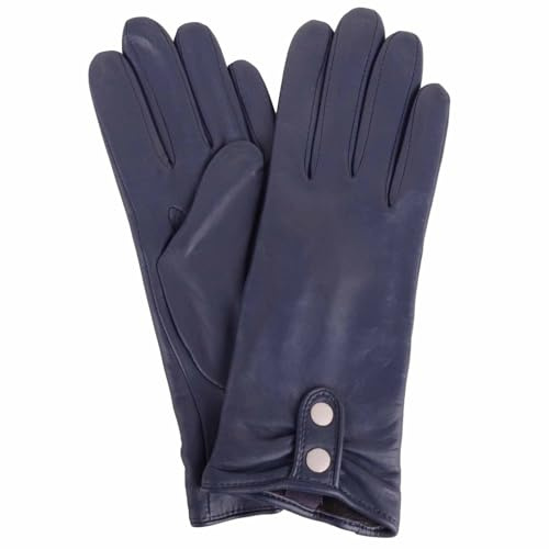 SNUGRUGS Womens Genuine Soft Leather Gloves with Piping and Contrast Button Detail - Navy/Ivory - Medium