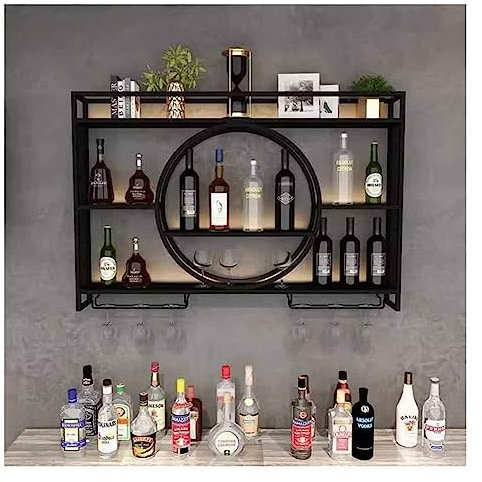 Portabottiglie galleggiante da parete con supporto per bicchieri, moderno, nero, 120 x 15 cm, espositore per casa, cucina, bar, ristorante.