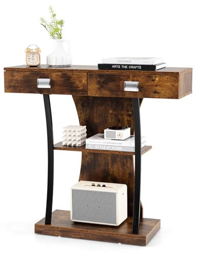 COSTWAY Console Table, Wooden T-Shaped Narrow Behind Sofa Table Hall Desk with Drawer and Storage Shelves, Industrial Accent Couch Side Table for Hallway Entryway Living Room (2 Drawers, Rustic Brown)