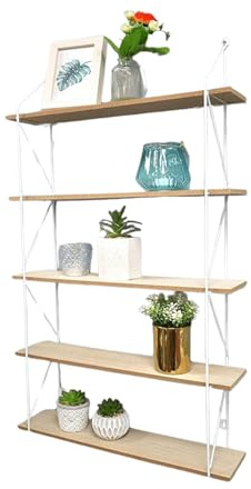 Kiswa collection 5-Tier Floating Wall Shelves – Modern Gold, black, White Decorative Hanging Shelving Wood and Metal Wire Frame Wall-Mounted Bookshelves Room (White, 5- Tier)